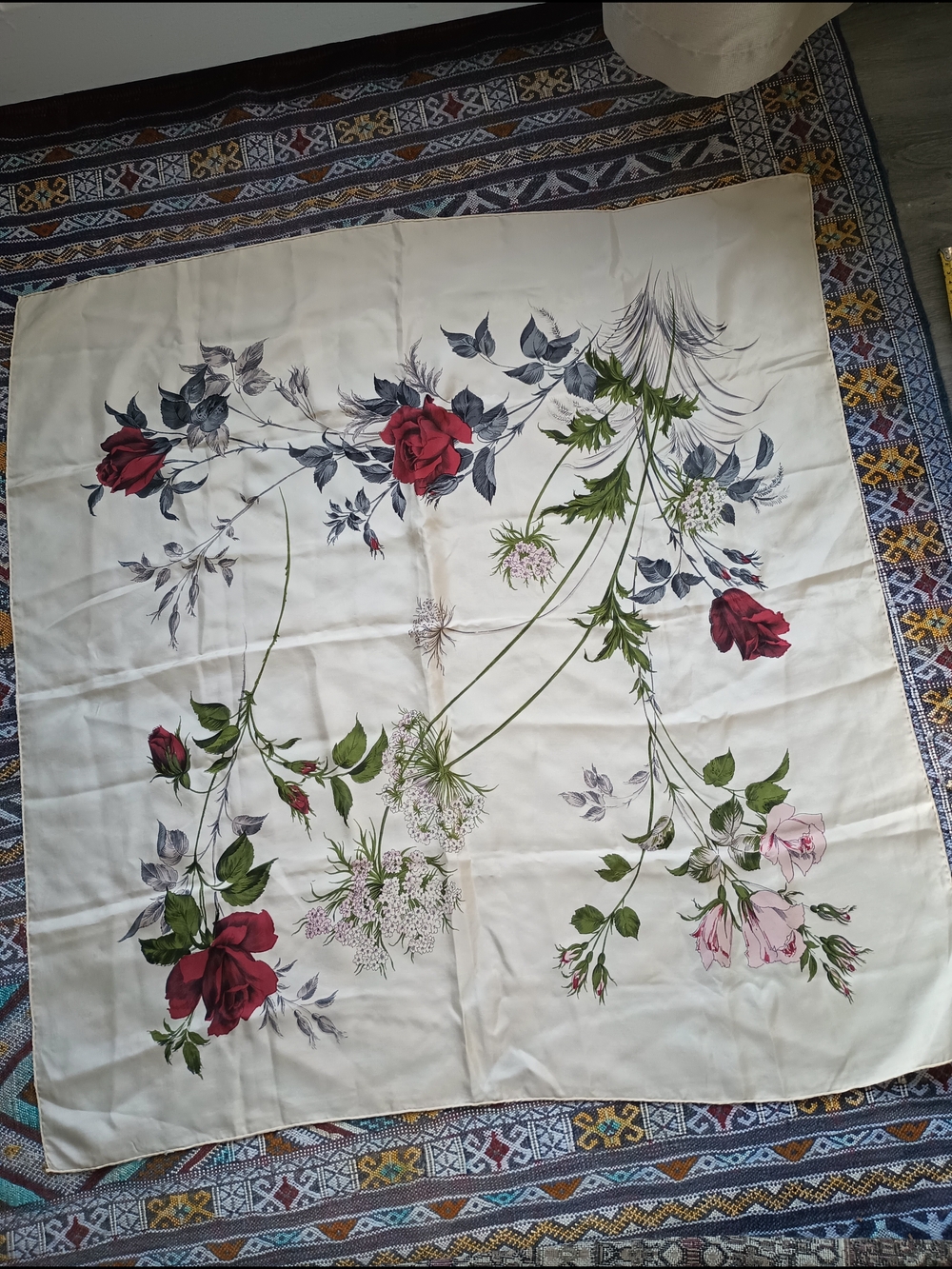 Floral Rose Silk Scarf  Cream with Red & Pink Roses